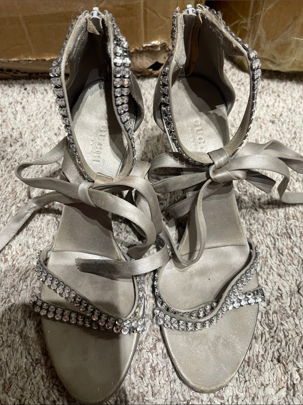 Gucci Silver Satin Crystal-Tie Heeled Sandals